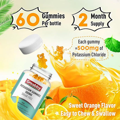 Potassium Gummies 500mg for Adults, 120 Servings, Sugar-Free Potassium Chloride Gummies, Heart Health & Muscle Relief for Women Men, Electrolyte Balance Boost, Efficient Potassium Supply