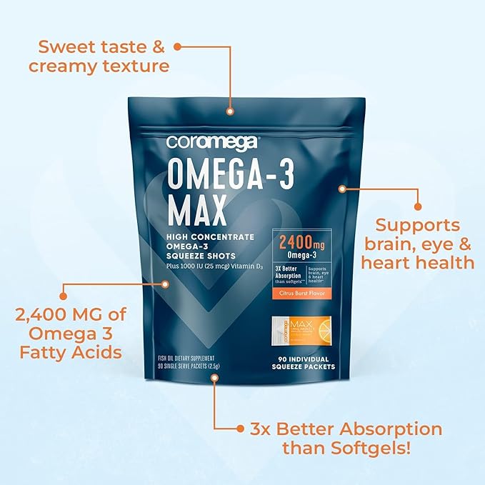 Coromega MAX High Concentrate Omega 3 Fish Oil with Vitamin D, 2400mg Omega-3s with 3X Better Absorption Than Softgels, 30 Single Serve Packets, Coconut Bliss Flavor