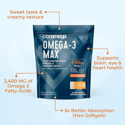 Coromega MAX High Concentrate Omega 3 Fish Oil, 2400mg Omega-3s with 3X Better Absorption Than Softgels, 60 Single Serve Packets, Citrus Burst Flavor; Omega 3 Supplement with Vitamin D