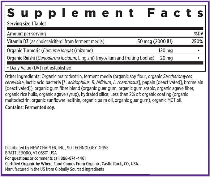 New Chapter Fermented Vitamin D3 2,000 IU, Organic, ONE Daily for Immune, Heart & Bone Support + Whole-Food Turmeric, Adaptogenic Reishi Mushroom, 100% Vegetarian, Gluten Free, 90 Count