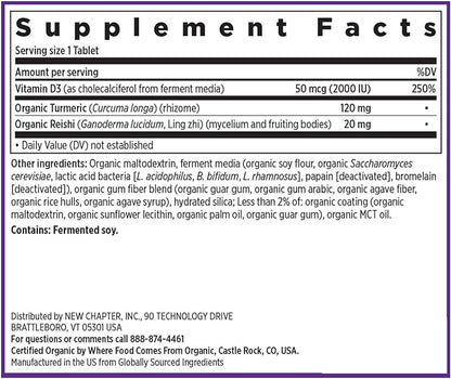 New Chapter Fermented Vitamin D3 2,000 IU, Organic, ONE Daily for Immune, Heart & Bone Support + Whole-Food Turmeric, Adaptogenic Reishi Mushroom, 100% Vegetarian, Gluten Free, 60 Count