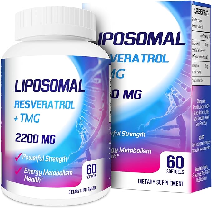 Liposomal 2200mg High Dose Softgel, Trans-Resveratrol 1700mg + TMG 500mg, Powerful Antioxidant for Anti-Aging, Skin Health, Cell Repair, NAD+ Level, Energy & Immune and Overall Health - 60 Softgels