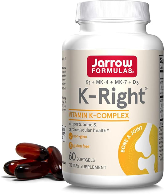 Jarrow Formulas K-Right - Vitamin K-Complex (K1, MK-4, MK-7, D3) - 60 Servings (Softgels) - Dietary Supplement for Bone & Cardiovascular Health Support - Vitamin K2 MK-7 - Gluten Free