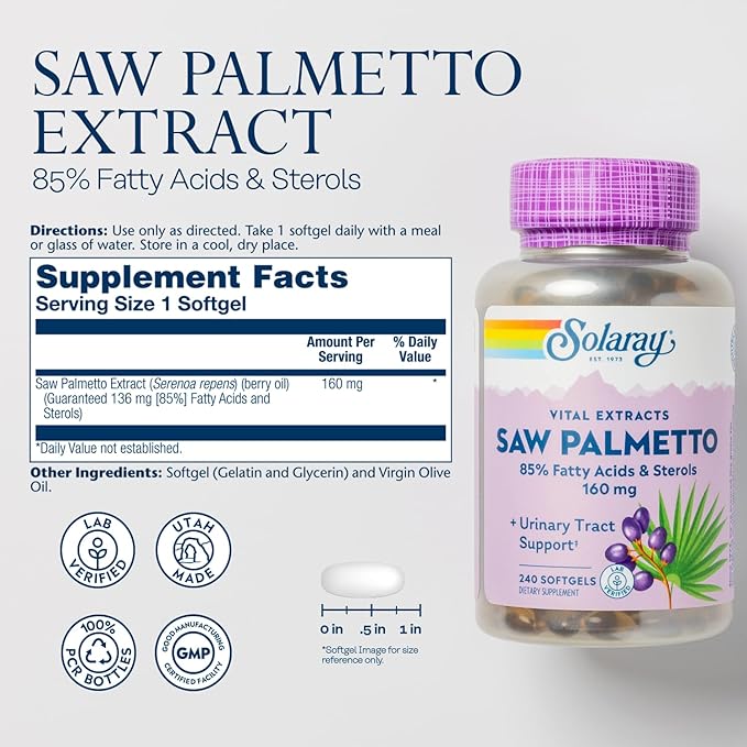 SOLARAY Saw Palmetto Extract - Prostate Health and Urinary Tract Support - 136 mg Fatty Acids and Sterols - Lab Verified, 60-Day Money-Back Guarantee (240 Servings, 240 Softgels)