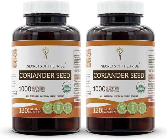 Secrets of the Tribe Coriander Seed 120 Capsules (2 pcs.), 1000 mg, USDA Organic Coriander Seed (Coriandrum sativum) Dried Seed (2x120 Capsules)