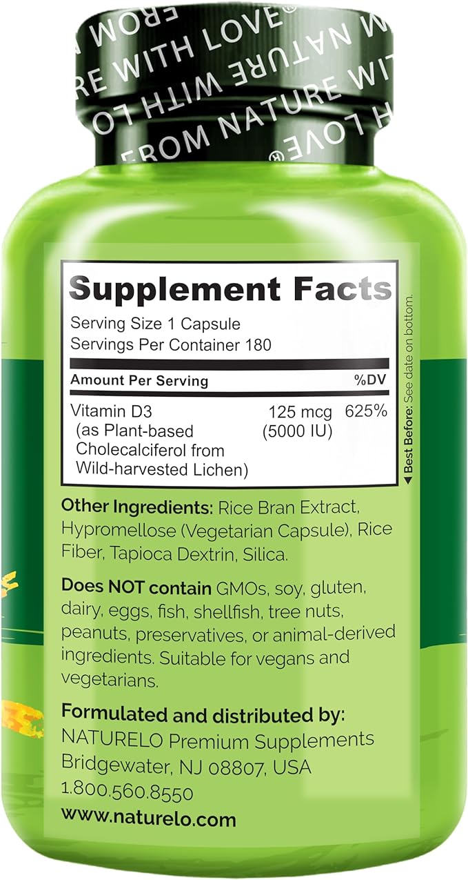 NATURELO Vitamin D - 5000 IU - Plant Based from Lichen - Natural D3 Supplement for Immune System, Bone Support, Joint Health - High Potency - Vegan - Non-GMO - Gluten Free - 180 Capsules