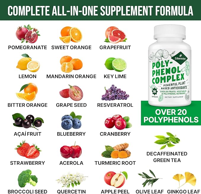 2250 MG Polyphenols Supplement Over 20 Fruits, Vegetables & Polyphenols, Quercetin, Resveratrol, Turmeric, Green Tea, Powerful Antioxidants, Polyphenols for Age Defense, Immune System, 270 Capsules