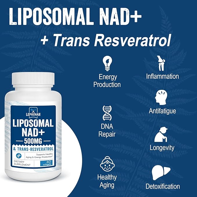 Liposomal NAD+ 500 mg + Trans-Resveratrol 300 mg,Superior Absorption,True NAD Supplement Efficient Than NMN,Nicotinamide Riboside for Cellular Energy Metabolism & DNA Repair,Healthy Aging,120 Softgels