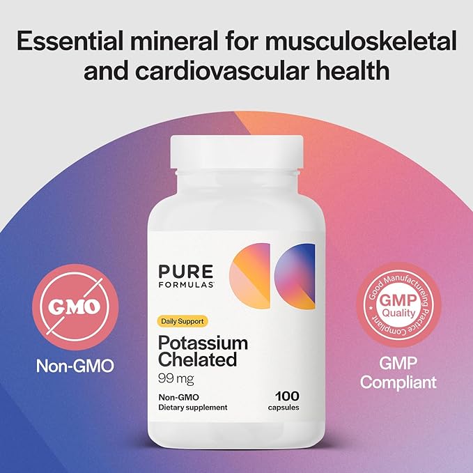 PureFormulas Potassium Supplement Chelated 99 mg Highly Absorbable Pure Potassium Formula for Energy, Nerve, Muscle, Kidney, Heart, and Skeletal Support, Non-GMO - 100 Vegetarian Capsules