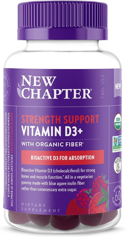 New Chapter Organic Vitamin D3+ Gummies – 72% Less Sugar§, 1,000 IU USDA Organic Vitamin D, ONE Daily Gummy for Strong Bones & Muscle Function, Non-GMO, Gluten Free, Mixed Berry Flavored, 60ct