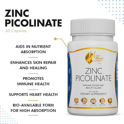 Coco March Zinc Picolinate - Immune System Aid, Beauty Ally, Bio-Available Form for High Absorption - Gluten Free, Soy Free, Dairy Free, GMO Free, Vegan - 60 Servings