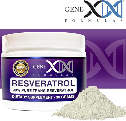 GENEX Trans Resveratrol 1000mg Serving 99% Pure Micronized Pharmaceutical Grade Trans-Resveratrol Powder 30 Servings or 30Grams 1Gram Per Day 30-Day Supply Made in a GMP & NSF Certified Facility