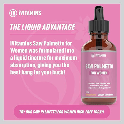 Saw Palmetto for Women | Helps to Reduce Hair Loss, Supports Healthy Hair, Skin, Nails, Energy, Mood & More | DHT Blocker for Women Hair Growth | Saw Palmetto for Women Hair Loss | 1 fl oz