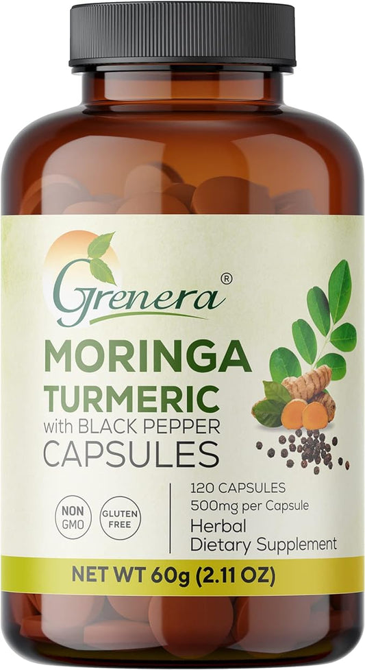 Grenera Pure Moringa Turmeric Capsules 120 nos, Moringa Leaf Powder with Turmeric Powder