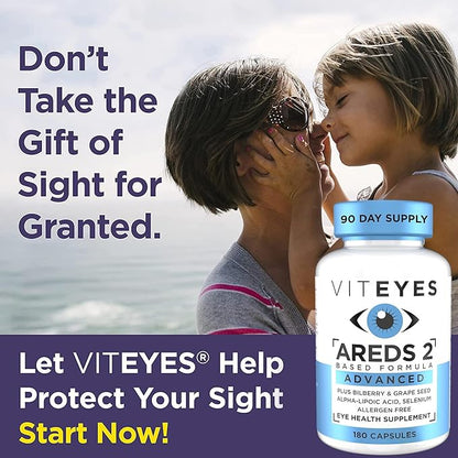 Viteyes AREDS 2 Advanced Eye Vitamins, Macular Support with Bilberry, grapeseed, FLORAGLO Lutein, Selenium, Natural Vitamin E, Allergen Free, Vision Protection, Eye Doctor Trusted, 180 Count