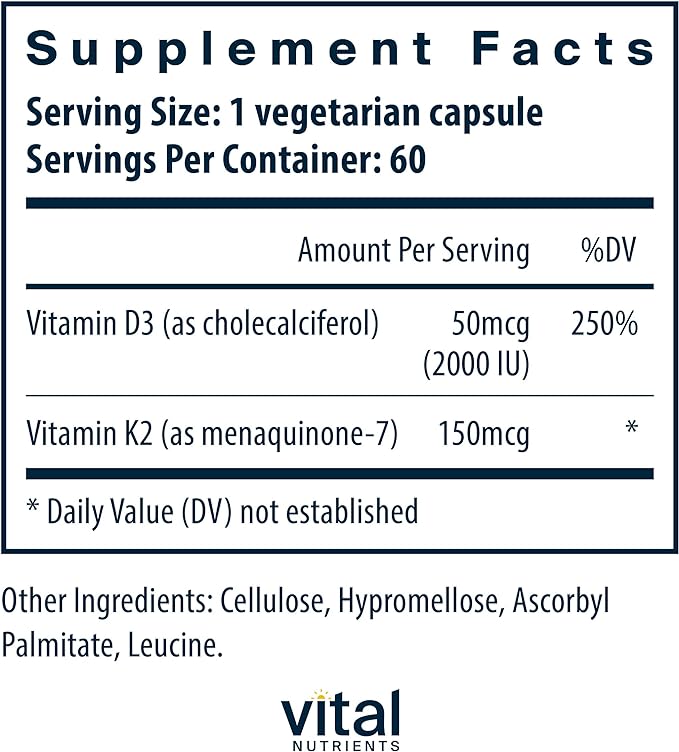 Vital Nutrients Vitamin D3 + K2 | 2000 IU | Vitamin D3 K2 Supplement | Vitamin D Complex for Healthy Calcium Levels, Muscle & Bone Health | Gluten, Dairy, Soy Free | 60 Capsules