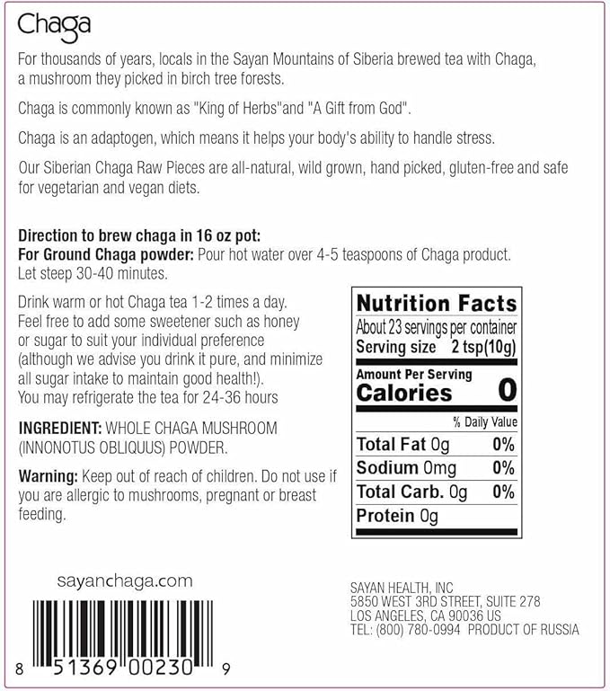 Sayan Siberian Raw Ground Chaga Powder 8 Oz (226g) - Wild Forest Mushroom Tea, Powerful Adaptogen Antioxidant Supplement, Support for Immune System & Digestive Health