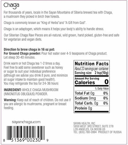 Sayan Siberian Raw Ground Chaga Powder 8 Oz (226g) - Wild Forest Mushroom Tea, Powerful Adaptogen Antioxidant Supplement, Support for Immune System & Digestive Health