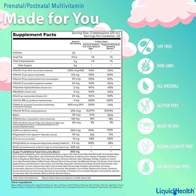 LIQUIDHEALTH Prenatal/Postnatal Multiple Liquid Women's Multivitamin with Real Folate - Pre & Postnatal Vitamins for Before, During, After Pregnancy - Vegan, Sugar-Free, Non GMO, Great Taste (2 Pack)