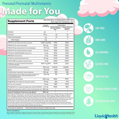 LIQUIDHEALTH Prenatal/Postnatal Multiple Liquid Women's Multivitamin with Real Folate - Pre & Postnatal Vitamins for Before, During, After Pregnancy - Vegan, Sugar-Free, Non GMO, Great Taste (2 Pack)