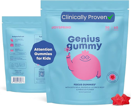 Genius Focus Gummies - Kids Focus Gummies for Increased Attention Natural Herbal Brain Gummies - Vegan, Gluten-Free, Sugar-Free with Bacopa, Gotu Kola, Rhodiola - 60 Gummies