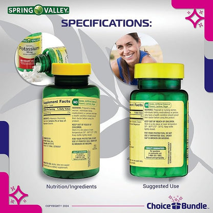 Spring Valley Potassium Heart Health Dietary Supplement Caplets 99 mg 250 CT 2 pk Choice Bundle (500 Total) + “Vitamin Vitality” Guide & Keychain Pill Container (4 Items)!