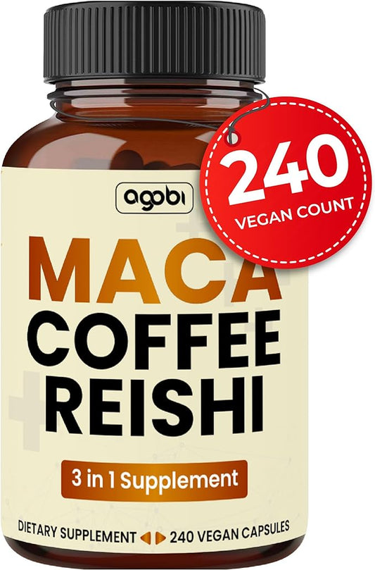 agobi 1800mg Maca Coffee Supplement with Reishi Mushroom - 240 Vegan Capsules - Support for Energy Production, Mood Support, Immune System & Stamina - Gluten-Free, Non-GMO