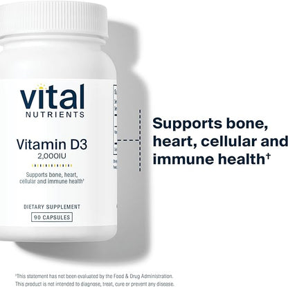 Vital Nutrients Vitamin D 2000 IU | Vitamin D3 Supplement | Healthy Bones, Teeth, Muscles*| Cellular & Immune Function | Calcium Absorption | Gluten, Dairy and Soy Free | 90 Capsules