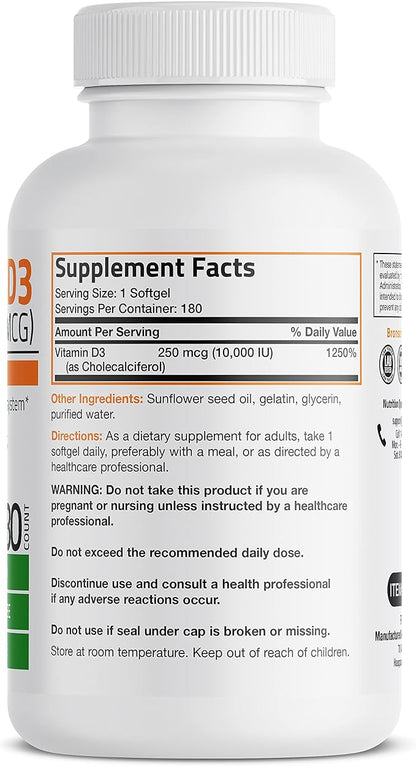 Bronson Vitamin D3 10,000 IU (250 mcg) High Potency - Supports Healthy Immune System, Strong Bones, Muscles & Teeth - Non GMO, 180 Softgels