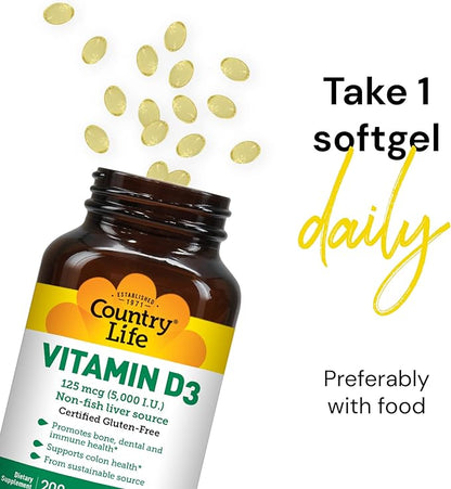 Country Life, Vitamin D3 5000 IU, Supports Healthy Bones, Teeth and Immune System, Daily Supplement, 200 ct