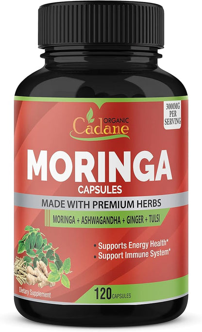 Organic Moringa Powder Capsules 3000mg with Ashwagandha, Ginger, Holy Basil Tulsi - Energy Booster, Immune Support - Oleifera Leaf Powder Herb Supplements, 120 Capsules