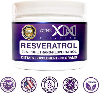 GENEX Trans Resveratrol 1000mg Serving 99% Pure Micronized Pharmaceutical Grade Trans-Resveratrol Powder 30 Servings or 30Grams 1Gram Per Day 30-Day Supply Made in a GMP & NSF Certified Facility