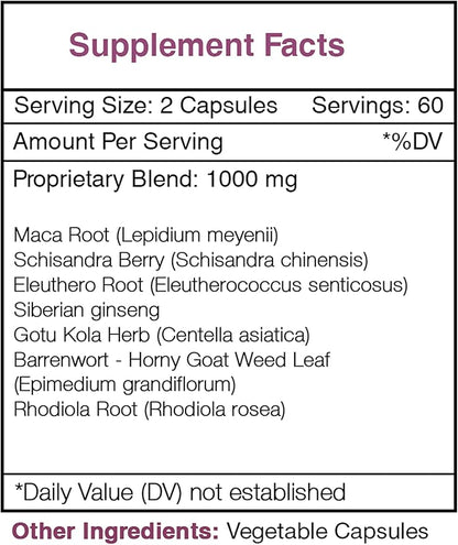 Stamina Secret 120 Capsules, 1000 mg, Maca, Schisandra, Eleuthero Siberian Ginseng, Gotu Kola, Barrenwort - Horny Goat Weed, Rhodiola. Energy/Endurance/Vigor (120 Capsules)