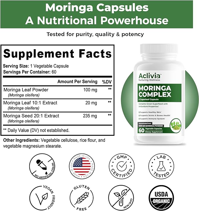 Moringa Complex with Oleifera Leaf & Seed Extract, Potent Strength 5000 mg per Serving, Complete Green-Based Superfood with Antioxidant Properties