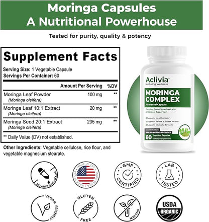 Moringa Complex with Oleifera Leaf & Seed Extract, Potent Strength 5000 mg per Serving, Complete Green-Based Superfood with Antioxidant Properties