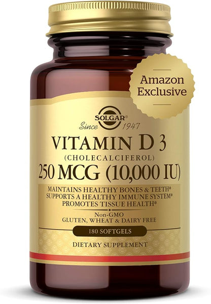 Solgar Vitamin D3 Cholecalciferol 250 MCG 10000 IU Softgels Helps Maintain Healthy Bones Teeth Immune System Support Non GMO Gluten, Dairy Free Servings, 180 Count