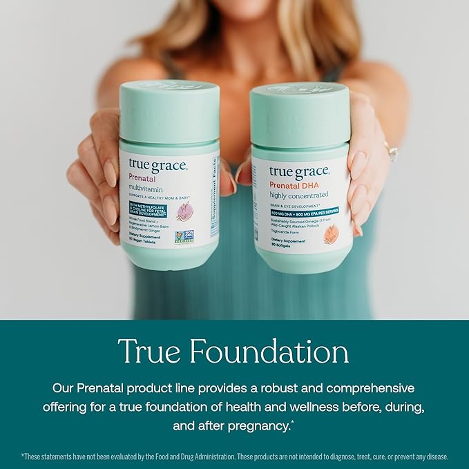 True Grace Prenatal Multivitamin - 60 Vegan Tablets - Supports a Healthy Mom & Baby with Methylfolate & Choline for Fetal Brain Development - Gluten Free, Soy Free - 30 Servings