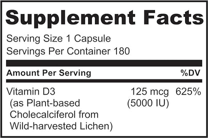 NATURELO Vitamin D - 5000 IU - Plant Based from Lichen - Natural D3 Supplement for Immune System, Bone Support, Joint Health - Vegan - Non-GMO - 180 Mini Capsules (Pack of 2)