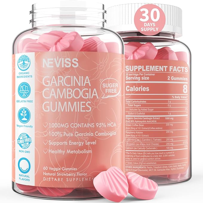 Sugar Free Garcinia Cambogia Gummies 1000mg 95% HCA with L-Carnitine, Raspberry Ketone, Chromium, Green Coffee Bean for Metabolism, Energy Boost, 100% Organic Extract, Vegan, Strawberry Flavor 60 Cts