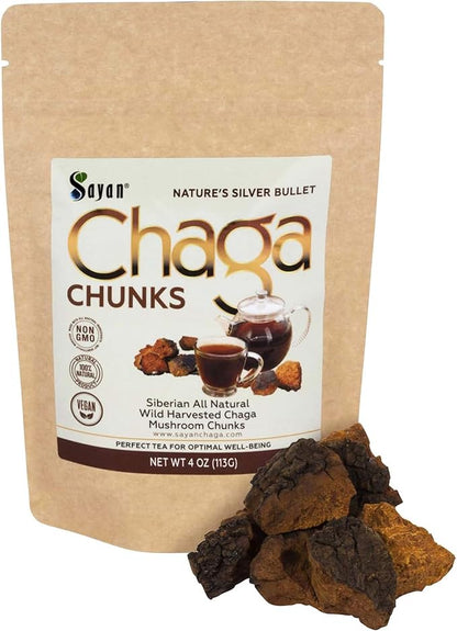 Sayan Siberian Pure Raw Chaga Mushroom Chunks with Black Top Crust 4 Oz / 113 g - Premium Wild Forest Harvested Super Antioxidant Tea, Supports Immune System and Digestive Health