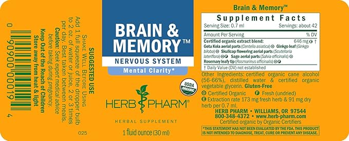 Herb Pharm Brain and Memory Liquid Herbal Formula with Ginkgo for Memory and Concentration- 1 Ounce