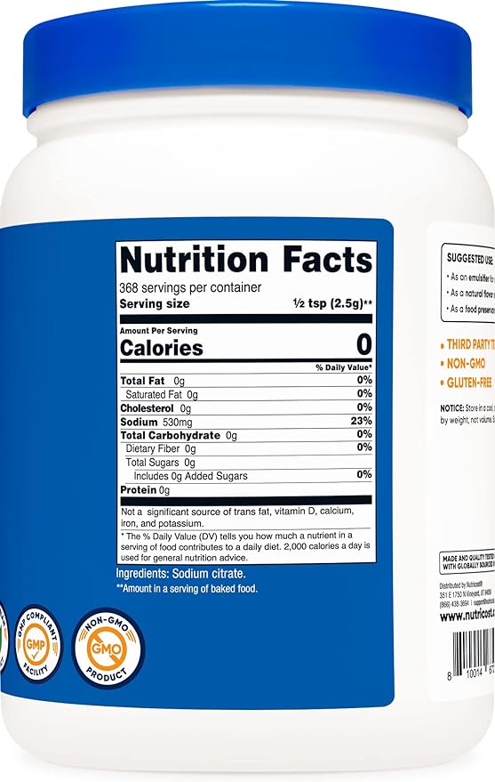 Nutricost Sodium Citrate Powder 2LB (32oz) - Food Grade, Non-GMO - Emulsifier, Natural Flavor Enhancer, Food Preservant