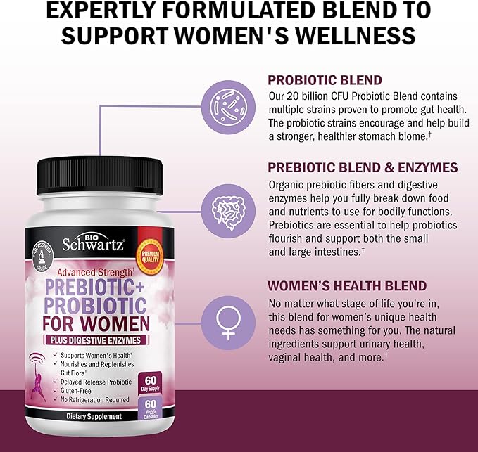 Prebiotics and Probiotics for Women - with Black Cohosh and Red Clover for Gut, Vaginal and Immune Health Support, Whole Food Digestive Enzymes Capsules, Lactobacillus Probiotic Supplement, 60 Count