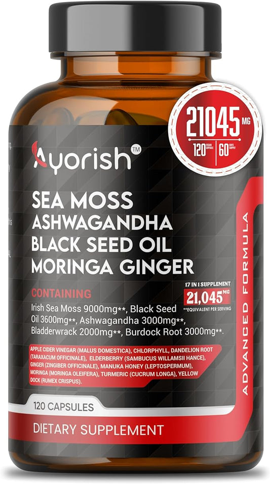 Sea Moss 9000mg Black Seed Oil 3600mg Ashwagandha 3000mg Bladderwrack 2000mg Burdock 3000mg, Vitamin C & D3 with Elderberry Manuka Dandelion Yellow Dock Chlorophyll ACV Moringa Ginger 120 Caps