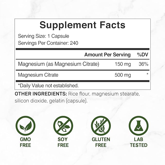 DEAL SUPPLEMENT Magnesium Citrate 500mg, 240 Capsules | Easily Absorbed, Purified Trace Mineral – Muscle, Heart, & Digestive Support – One a Day, Non-GMO