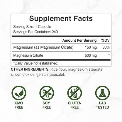 DEAL SUPPLEMENT Magnesium Citrate 500mg, 240 Capsules | Easily Absorbed, Purified Trace Mineral – Muscle, Heart, & Digestive Support – One a Day, Non-GMO