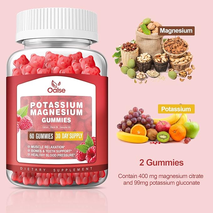 Potassium Magnesium Gummies for Adults Kids, High Absorption Potassium Gluconate 99mg Magnesium Citrate 400mg, Chewable Gummy Supplements for Leg Cramps & Muscle & Heart Health, Raspberry, 60 Count