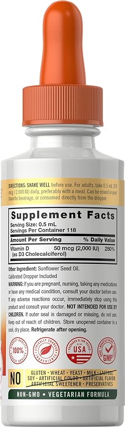 Carlyle Liquid Vitamin D3 | 2000 IU | 2 oz | Vegetarian, Non-GMO, and Gluten Free Formula | 50mcg | Vitamin D Liquid Drops for Adults