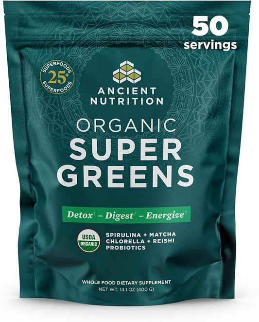 Ancient Nutrition Super Greens Powder, Organic Superfood Powder with Probiotics Made with Spirulina, Chlorella, Matcha, and Digestive Enzymes, 50 Servings, 14.1 oz