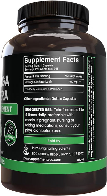 Pure Original Ingredients Moringa (365 Capsules) No Magnesium Or Rice Fillers, Always Pure, Lab Verified